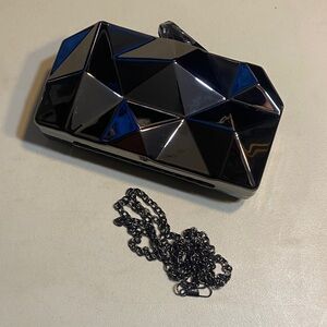 Geometric Faceted Black Evening Clutch with Chain Strap